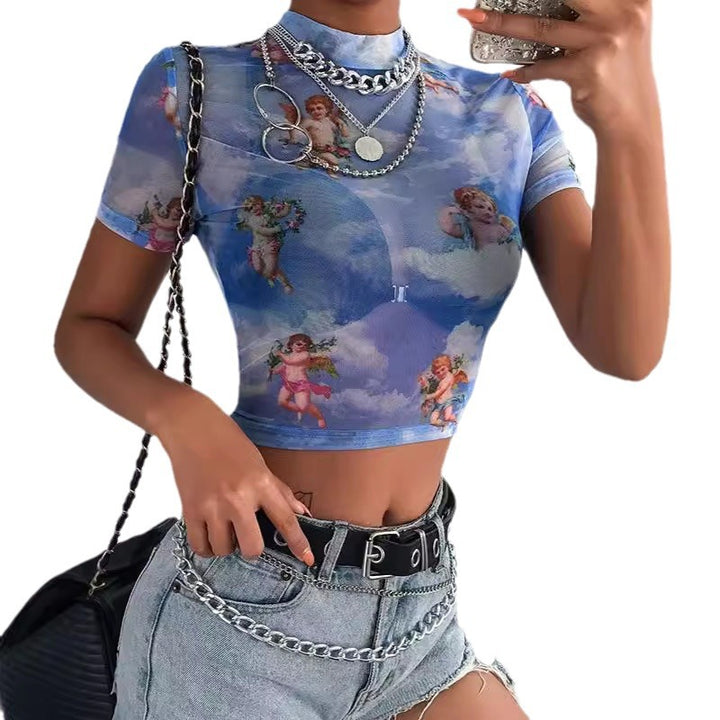 Damen Hochgeschlossenes Crop-Top mit romantischem Engelmotiven Echo Archiv