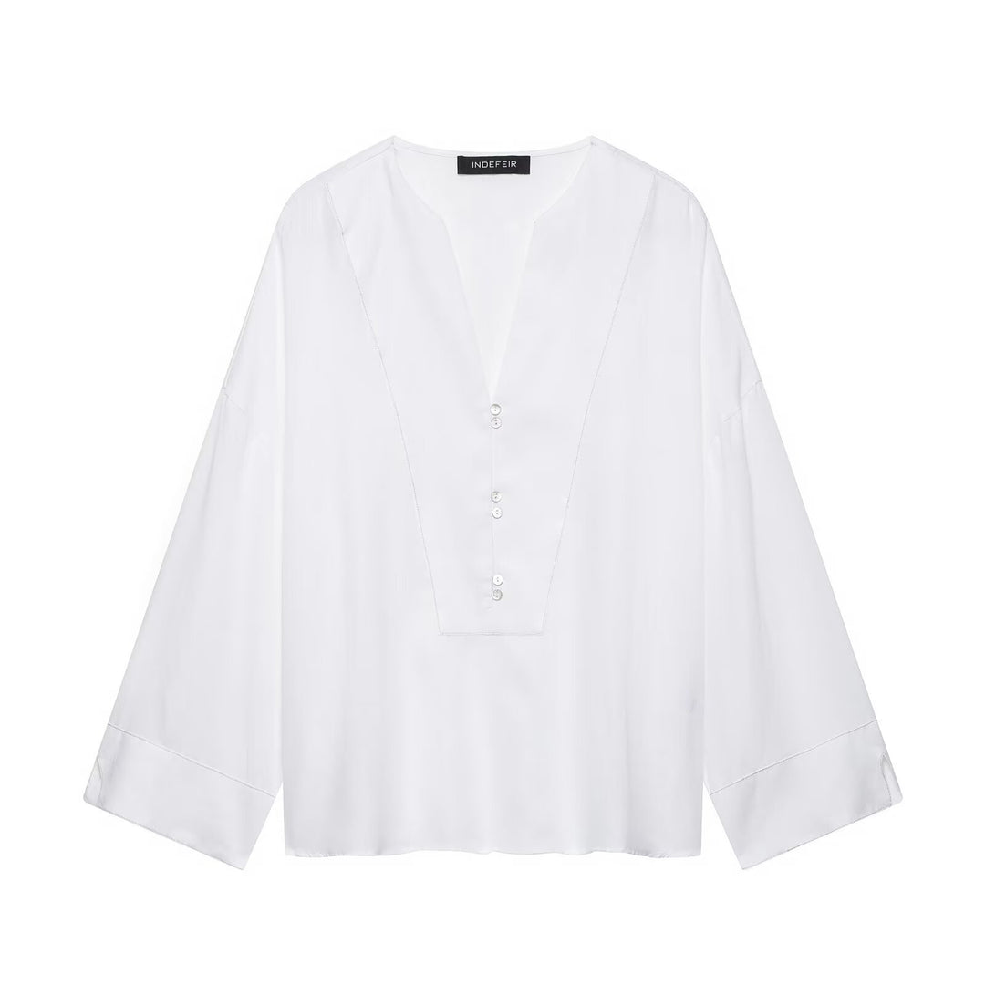 Damen Weites Tunika-Blusenshirt mit V‑Ausschnitt und halber Knopfleiste Echo Archiv