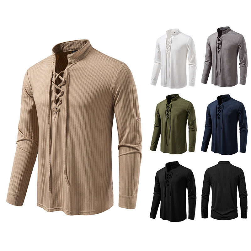 Herren Geripptes Langarm-Henleyshirt mit Schnürung und Stehkragen Echo Archiv