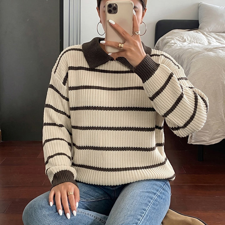 Damen Modischer Strickpullover mit Kragen und Blockstreifen Echo Archiv