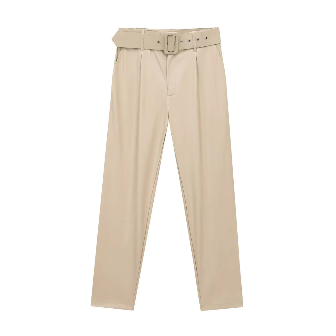 Damen taillierte Highwaist-Hose mit Bundfalten, schmal zulaufendem Bein und breitem Ziergürtel – Avélisse