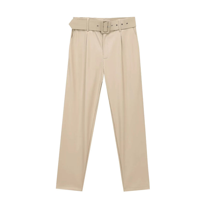 Damen taillierte Highwaist-Hose mit Bundfalten, schmal zulaufendem Bein und breitem Ziergürtel – Avélisse
