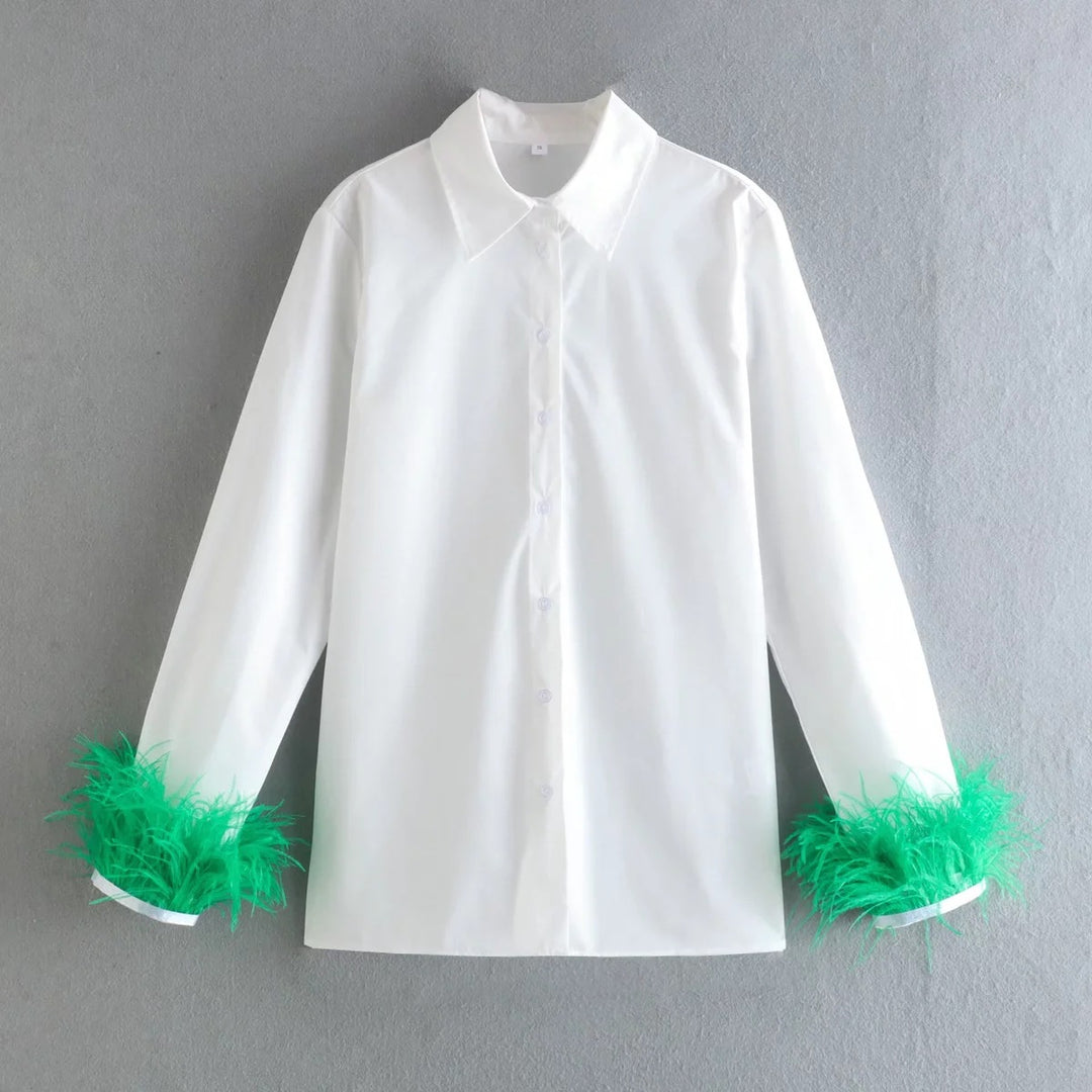 Damen Elegante Baumwollbluse mit Federbesatz an Manschetten und klassischem Hemdkragen Echo Archiv