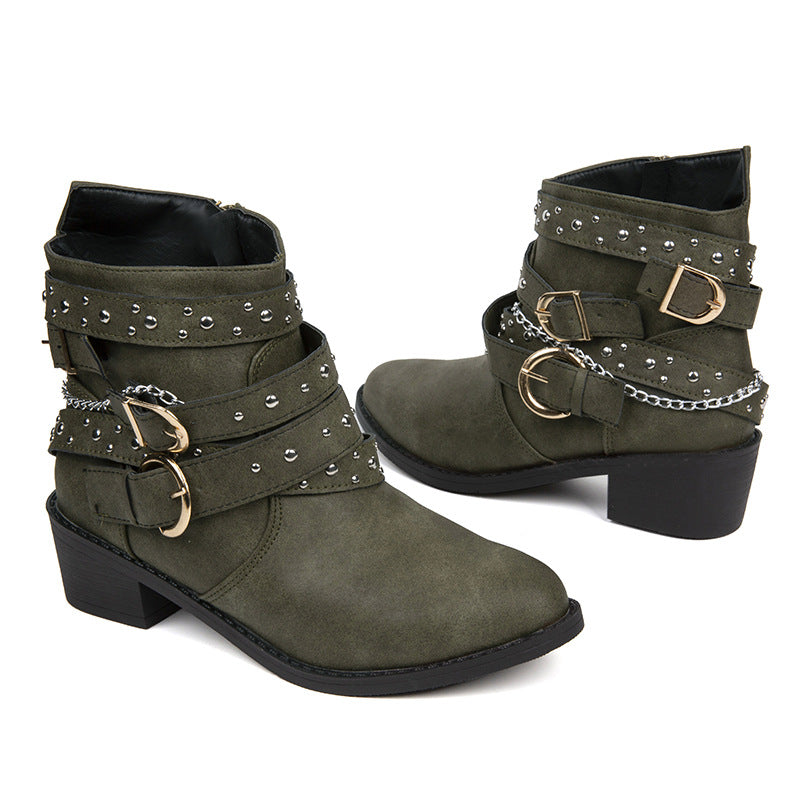 Damen nan knöchelhohe Biker-Stiefelette mit Nietenriemen, Ketten- und Dornschließen-Details Echo Archiv