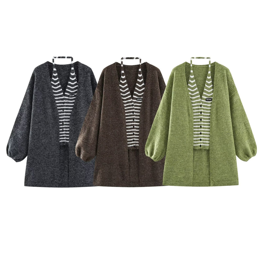 Damen Oversized Mohairoptik-Cardigan mit Ballonärmeln und gestreiftem Einsatz Echoarchiv