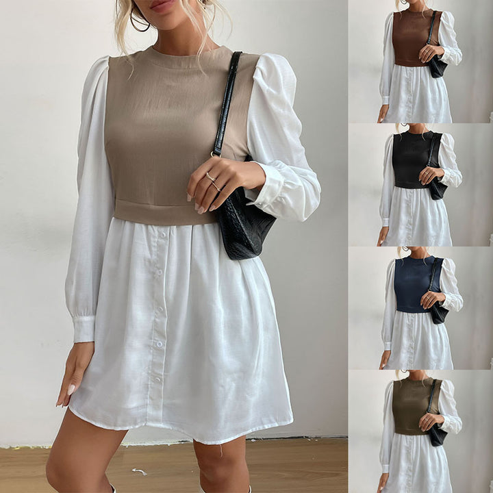 Damen Hemdblusenkleid mit eingesetzter kurzgeschnittener Weste, Puffärmeln und taillierter Silhouette Echoarchiv