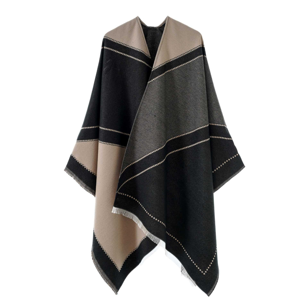 Damen Wendbarer Strickcape-Poncho mit Fransen und kontrastierenden Streifen – Avérine