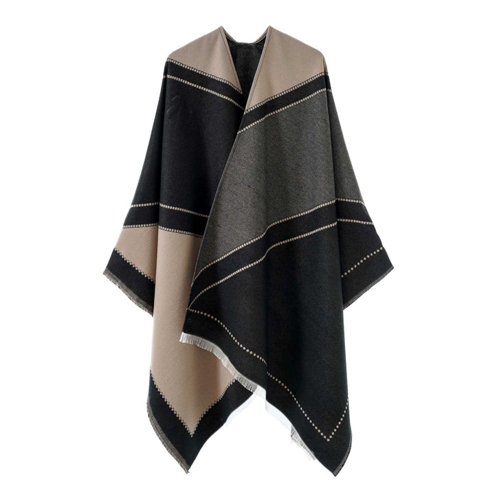 Damen Wendbarer Strickcape-Poncho mit Fransen und kontrastierenden Streifen – Avérine
