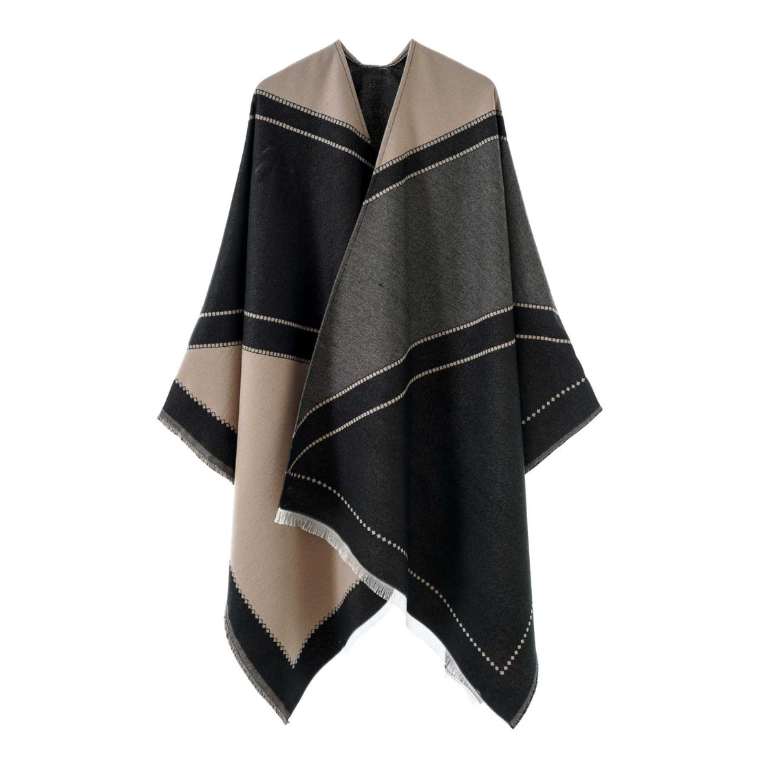 Damen Großer Wollmix Fransenponcho mit diagonalen Kontraststreifen – Célinea