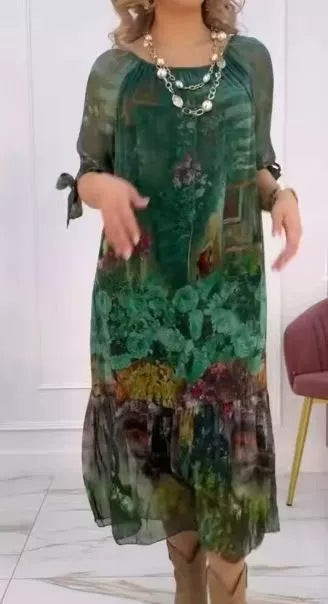 Damen Elegantes Chiffon Maxikleid mit floralen Akzenten, gestuftem Rock und 3/4-Ärmeln Echoarchiv
