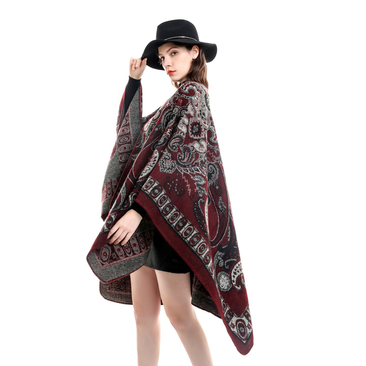 Damen Jacquard-gewebte Oversize-Ruana mit Ornamentik und offenem Kimono-Fall Echo Archiv