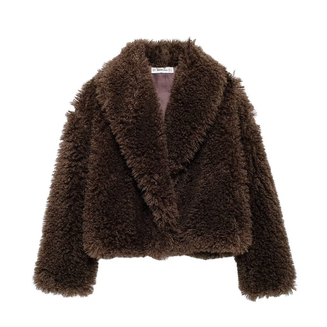 Damen nan kurze kuschelige Kunstfell-Cropped-Jacke mit großzügigem Schalkragen und offener Front Echo Archiv