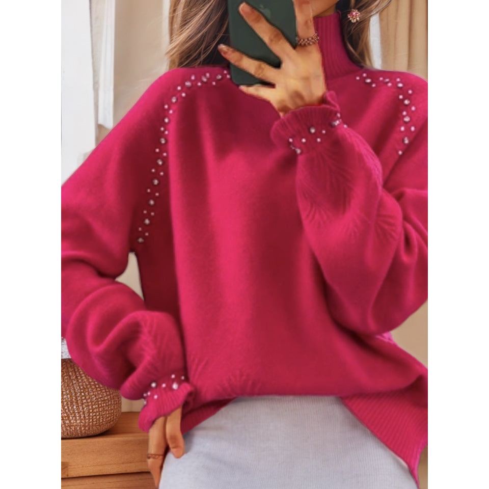 Damen nan Oversize Strickpullover mit Stehkragen und Perlendetails Echo Archiv