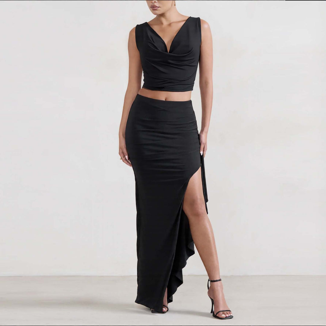 Damen Elegantes Crop-Top und Maxi-Rock Set mit hohem Schlitz Echo Archiv