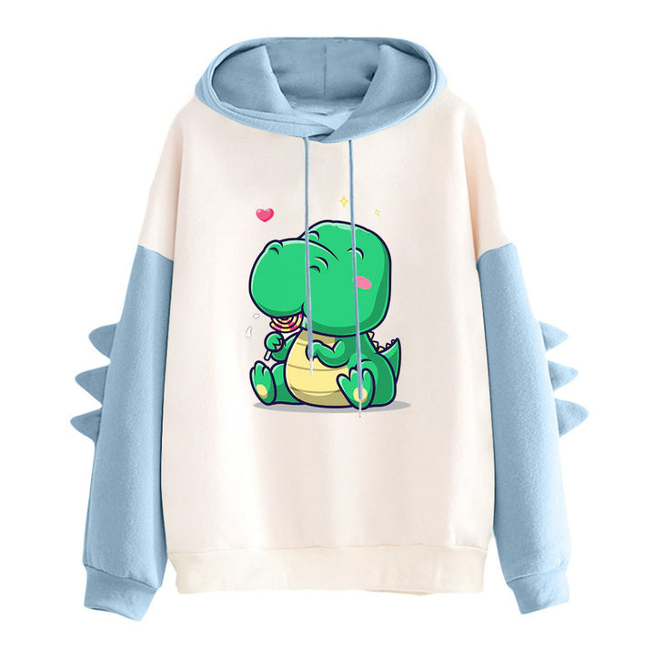 Damen Kapuzenpullover mit niedlichem Dinosaurierprint, kuscheligem Innenfutter und dreidimensionalen Ärmeldetails – Auréline