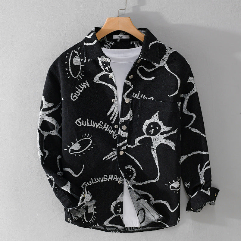 Herren Overshirt mit grafischem Doodle‑Print, Druckknopfverschluss und Brusttasche Echoarchiv