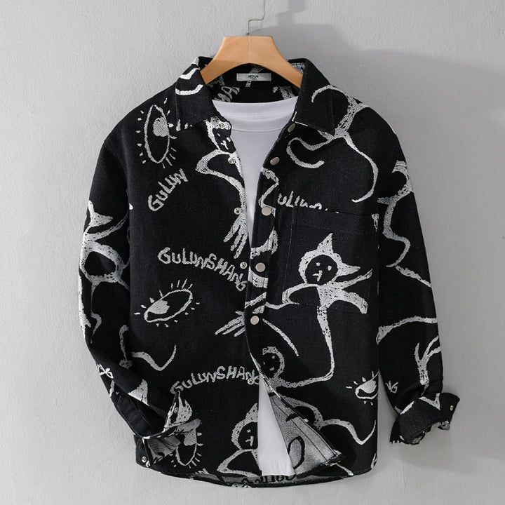 Herren Overshirt mit grafischem Doodle‑Print, Druckknopfverschluss und Brusttasche Echoarchiv