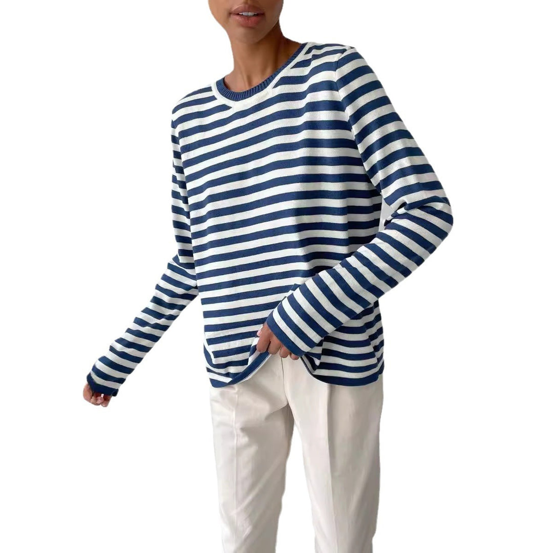 Damen nan gestreifter Baumwollpullover mit Rundhals und legerer Passform Echo Archiv