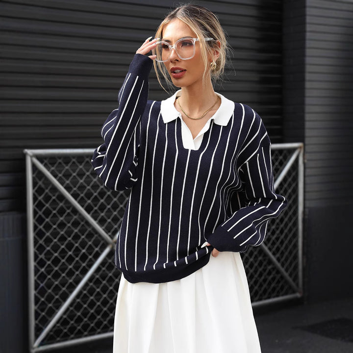 Damen Modischer Strickpullover mit Polo-Kragen und gestreiftem Design Echo Archiv