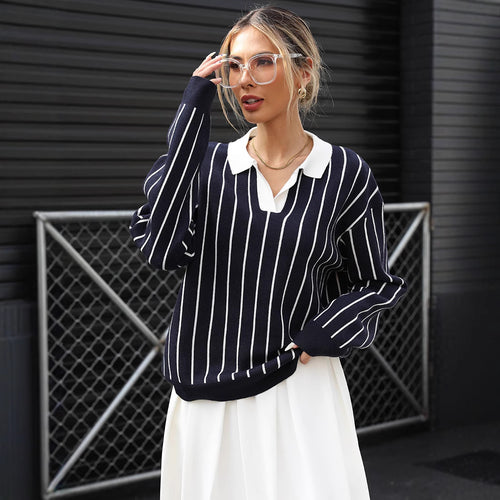 Damen Modischer Strickpullover mit Polo-Kragen und gestreiftem Design Echo Archiv