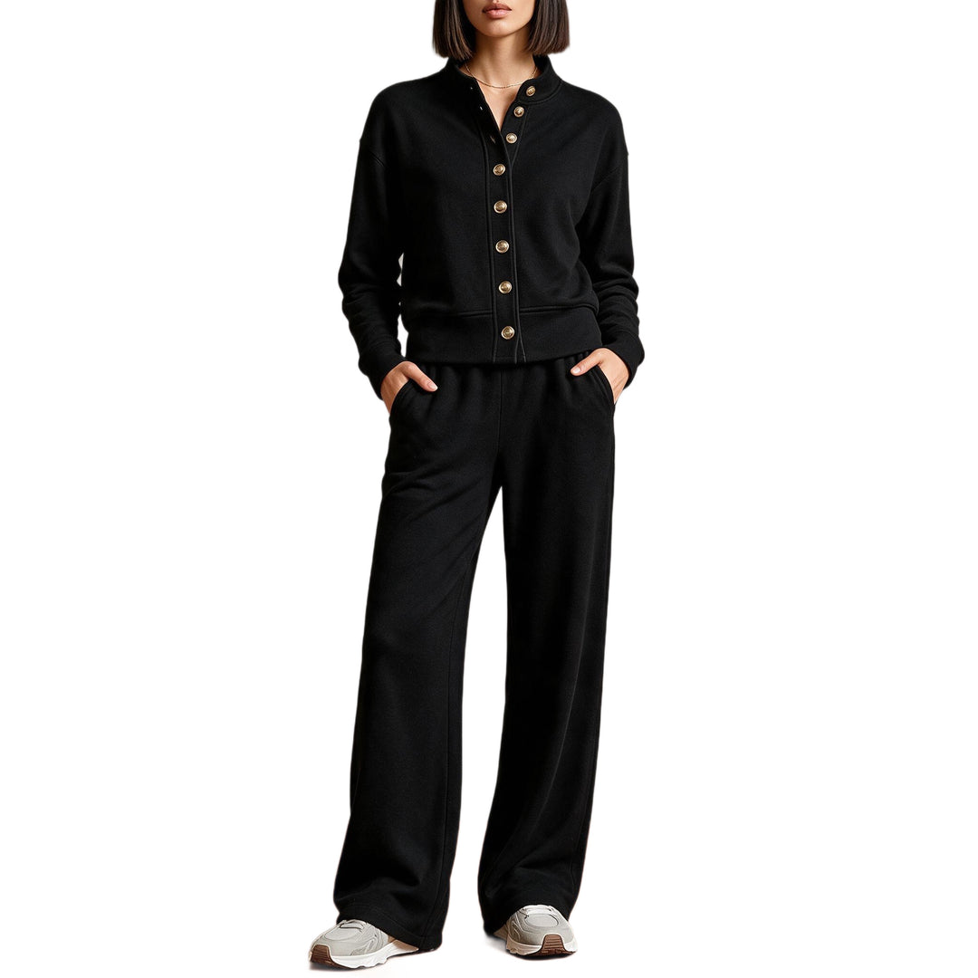 Damen Sweatjacke mit Druckknopfleiste, Stehkragen und weichem Lounge-Schnitt Echoarchiv