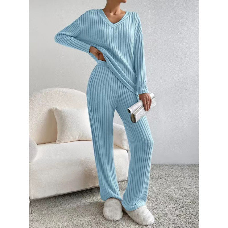 Damen Gemütliches Rippstrick-Loungewear-Set mit V-Ausschnitt und weitem Bein Echo Archiv