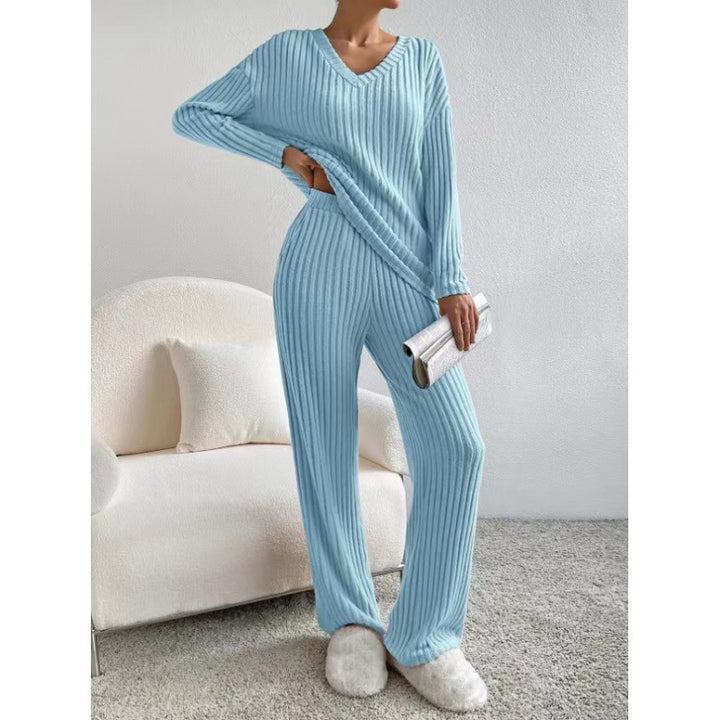 Damen Gemütliches Rippstrick-Loungewear-Set mit V-Ausschnitt und weitem Bein Echo Archiv