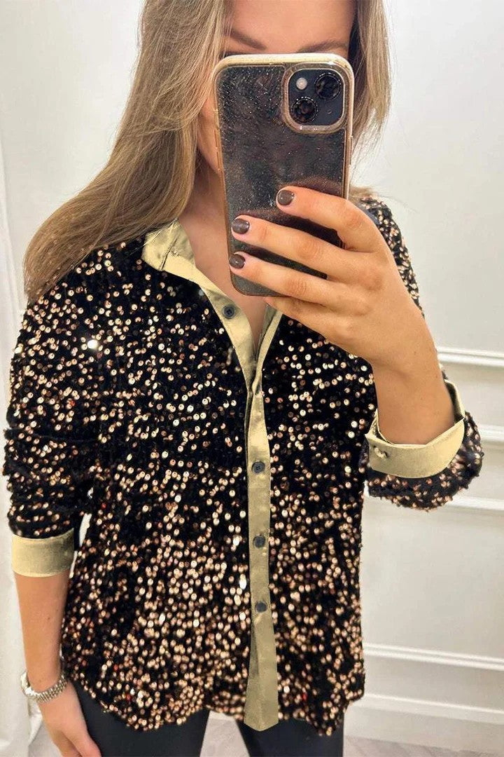 Damen Glitzernde Bluse aus Pailletten mit klassischem Kragen Echoarchiv