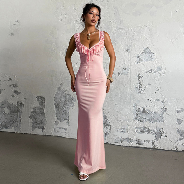Damen figurbetontes Maxikleid mit Rüschendetails und tiefem Ausschnitt Echo Archiv