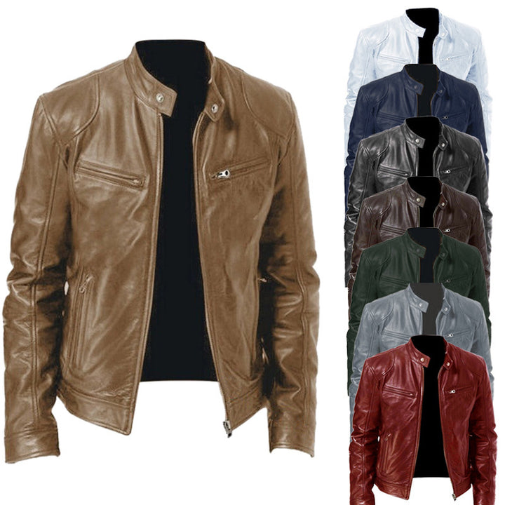 Herren nan schlanke Echtleder-Bikerjacke mit Stehkragen, zwei Brust-Reißverschlusstaschen und geradliniger Silhouette Echo Archiv
