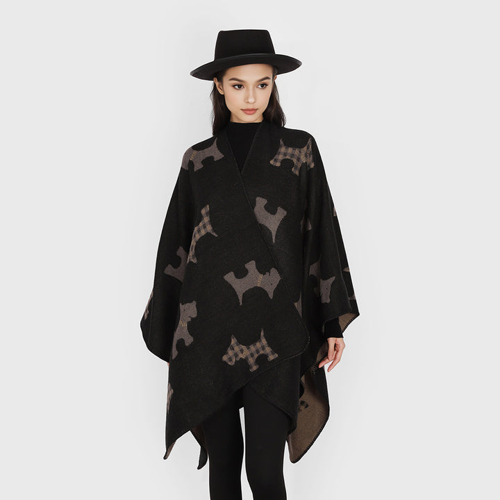 Damen Jacquard-Cape mit Hunde‑Motiv, doppelseitiger Wollmix und offenem Wasserfall‑Schnitt – Avérine