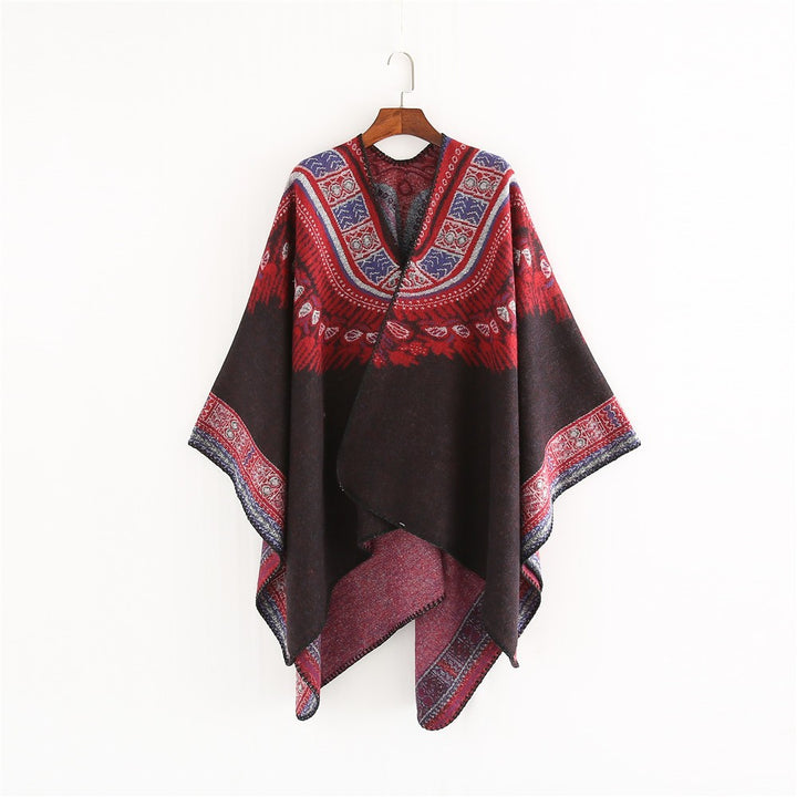 Damen Oversize-Poncho im Ethno-Jacquard mit V-Ausschnitt und strukturiertem Saum Echo Archiv