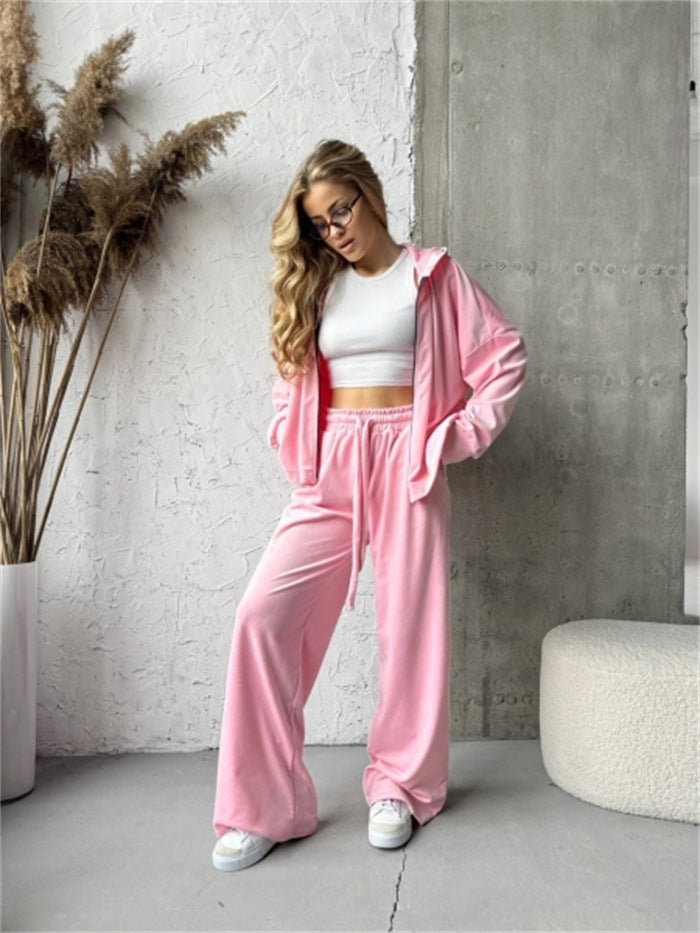 Damen weicher Velours Zweiteiler mit Kapuzenjacke und weiter Jogginghose – Élanora