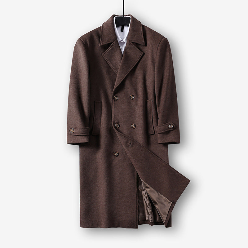 Herren Langer Doppelreihiger Wollmantel mit minimalistischer Silhouette und Schalkragen Echoarchiv