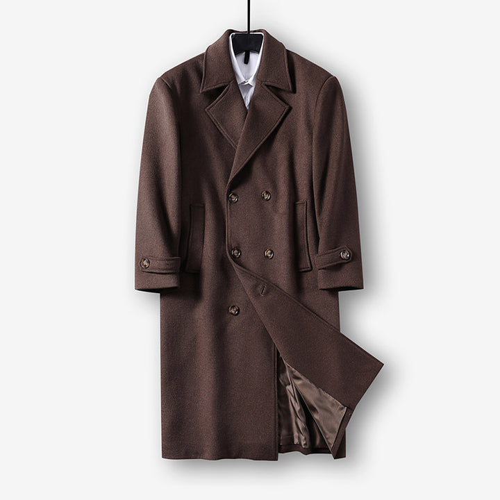 Herren Langer Doppelreihiger Wollmantel mit minimalistischer Silhouette und Schalkragen Echoarchiv
