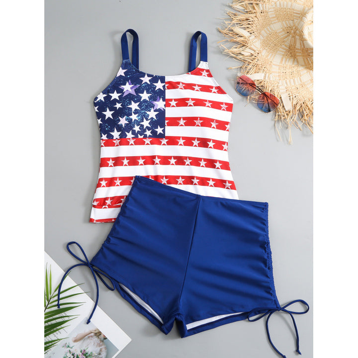 Damen Badeanzug-Set mit patriotischem Design und seitlichen Rüschendetails Echo Archiv