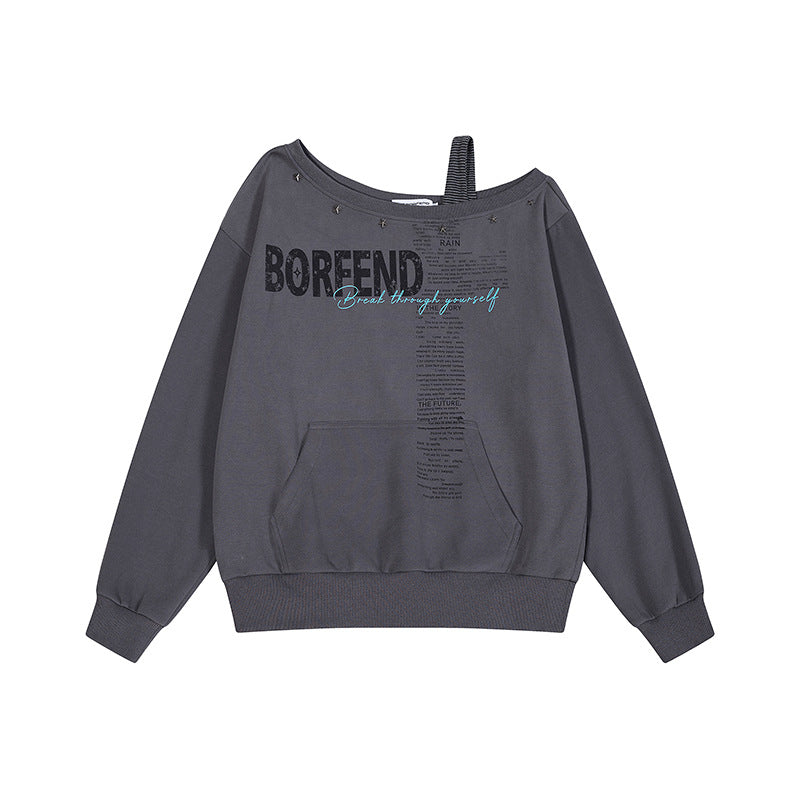 Damen Oversize-Sweatshirt mit asymmetrischem One-Shoulder-Träger, Kängurutasche und Nieten Echoarchiv