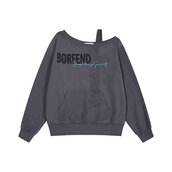 Damen Oversize-Sweatshirt mit asymmetrischem One-Shoulder-Träger, Kängurutasche und Nieten Echoarchiv