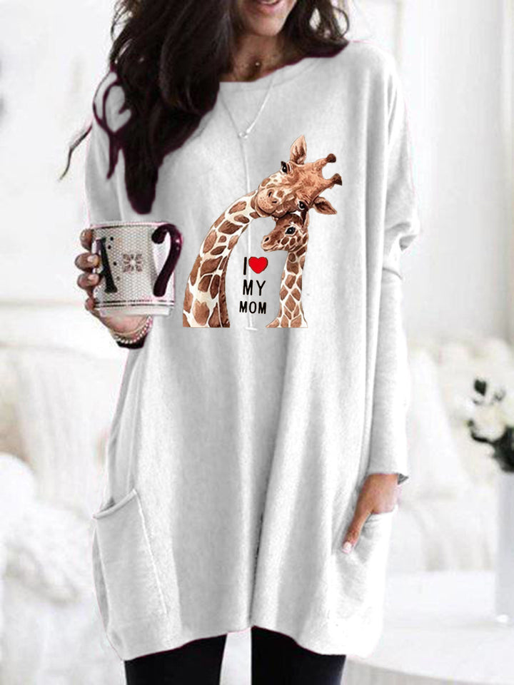 Frauen Übergroße Sweatkleid mit Giraffenmuster, Rundhalsausschnitt und Seitentaschen Echoarchiv