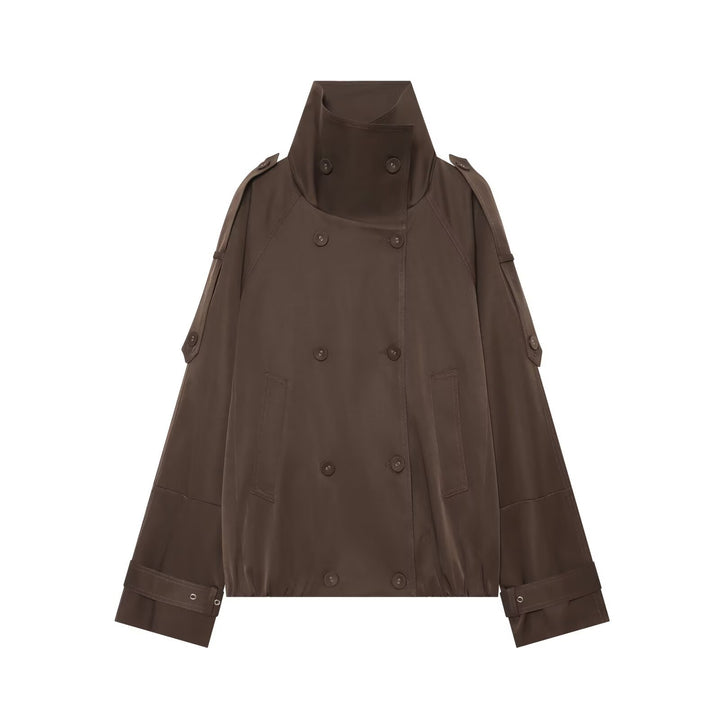 Damen Kurzes Doppelreiher‑Cape‑Trench mit hohem Funnelkragen und Ärmelriemen Echoarchiv