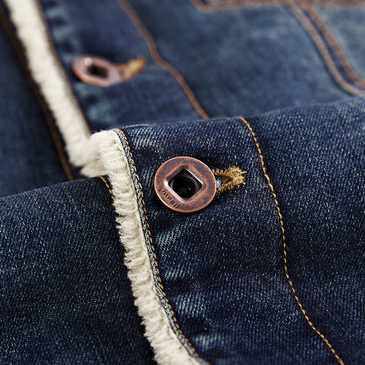 Herren Jeansjacke im Worker‑Look mit Stehkragen, Brustpattentaschen und Ziernähten – Denvaro