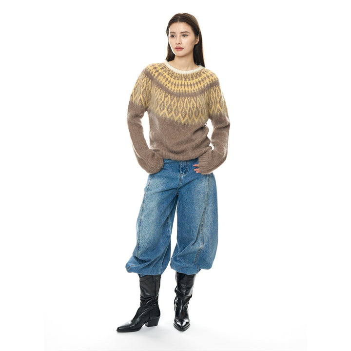 Damen Rundhals-Pullover mit Norweger-Jacquard und Mohair-Optik Echoarchiv
