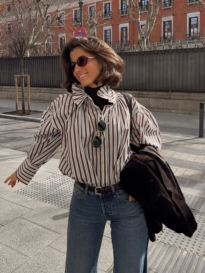 Damen Gestreifte Oversized-Bluse mit Rüschkragen & voluminösen Puffärmeln Echoarchiv