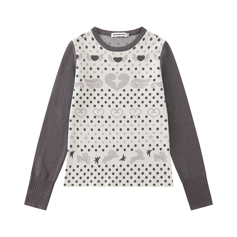 Damen Feinstrick-Pullover mit Jacquard-Motiv, Rundhalsausschnitt und Kontrastärmeln Echoarchiv