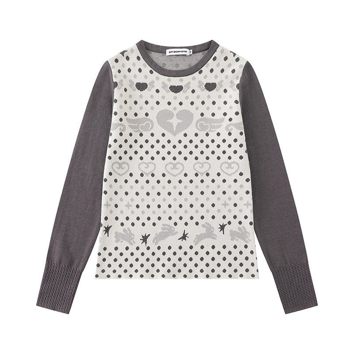 Damen Feinstrick-Pullover mit Jacquard-Motiv, Rundhalsausschnitt und Kontrastärmeln Echoarchiv
