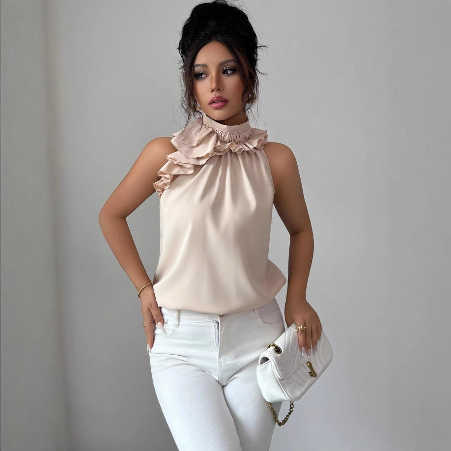 Damen Hochgeschlossenes Chiffon-Top mit Rüschenkragen und asymmetrischem Volant Echo Archiv