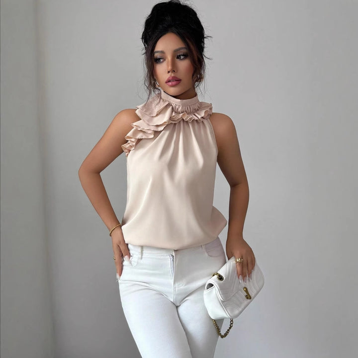Damen Hochgeschlossenes Chiffon-Top mit Rüschenkragen und asymmetrischem Volant Echo Archiv