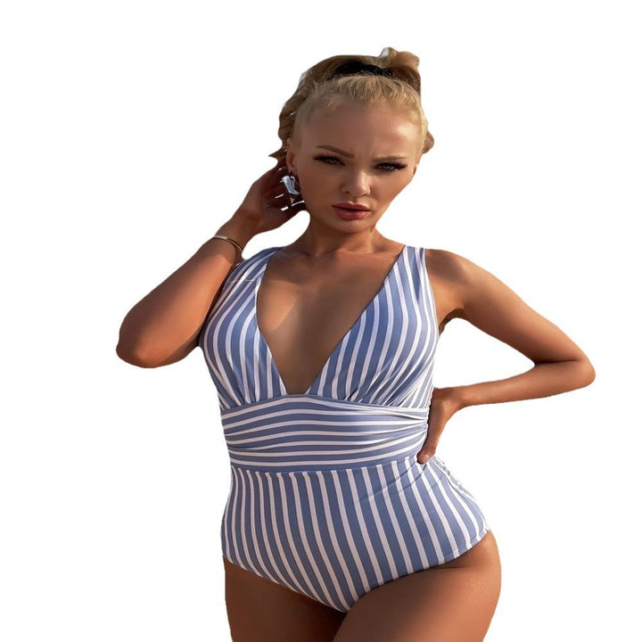 Damen Eleganter V-Ausschnitt Einteiler mit gestreiftem Design Echo Archiv