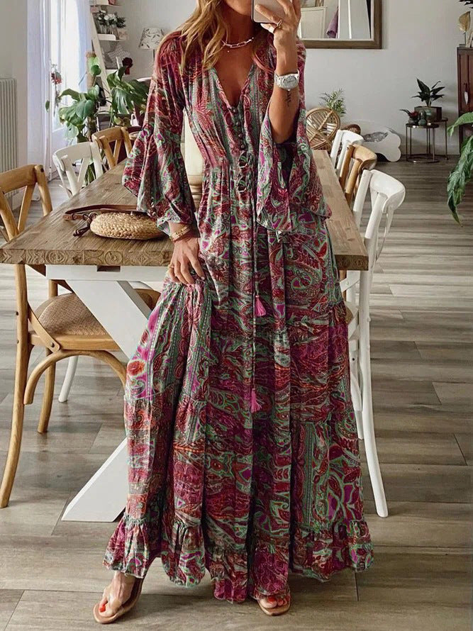 Damen Boho Maxikleid mit Paisley-Print, V-Ausschnitt, Stufenrock und Bindegürtel Echoarchiv