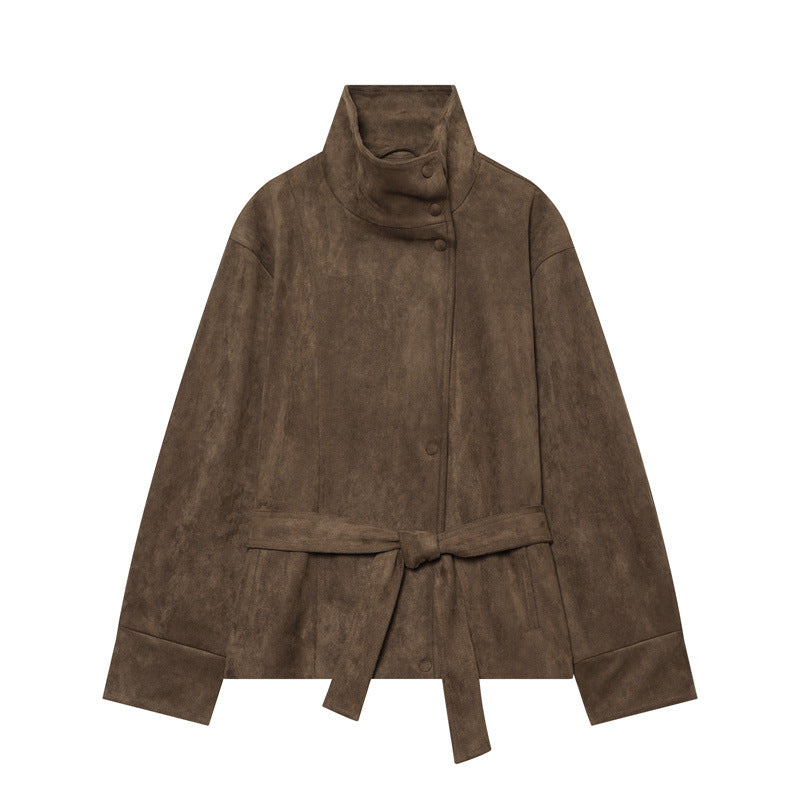 Damen Kurzjacke im Boxy-Cut aus Velourslederoptik mit hohem Stehkragen und Bindegürtel Echo Archiv